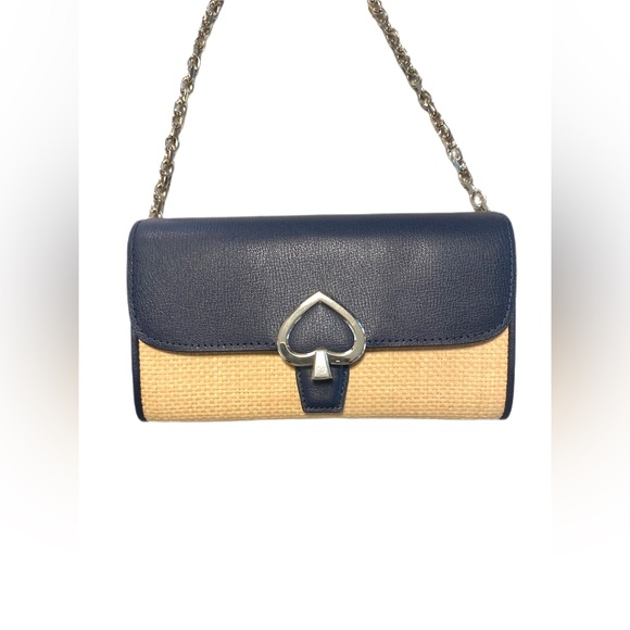 NEW* Kate Spade Robyn Straw HandBag Nightcap Flap Chain Wallet Clutch Navy Logo - Picture 2 of 15